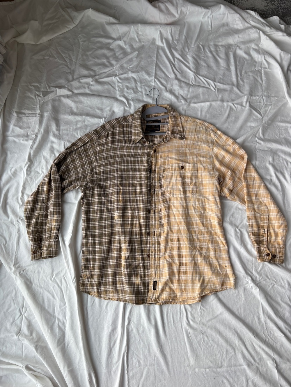 Two-Tone Oversize Bleached Plaid Button-Up Shirt in Brown and Mustard